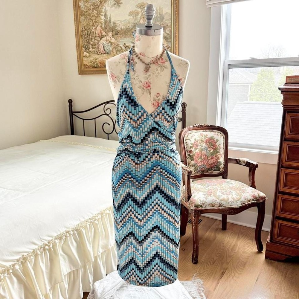 Y2K blue geometric halter bodycon dress windsor size large